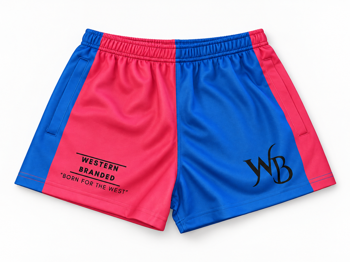 Womens Footy Shorts – Red/Blue